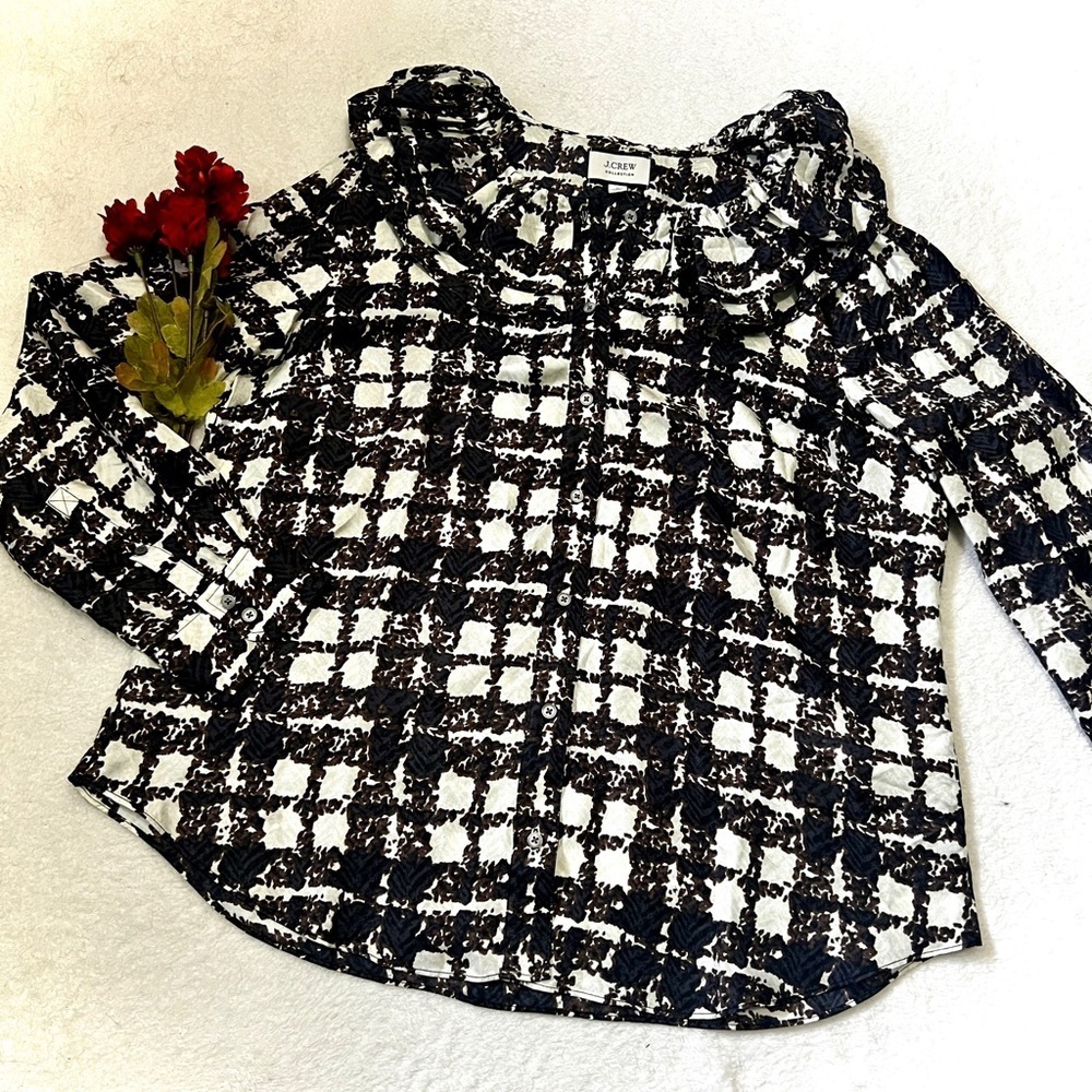 J. Crew NWT 100% Silk Plaid Geometric Blouse - Large